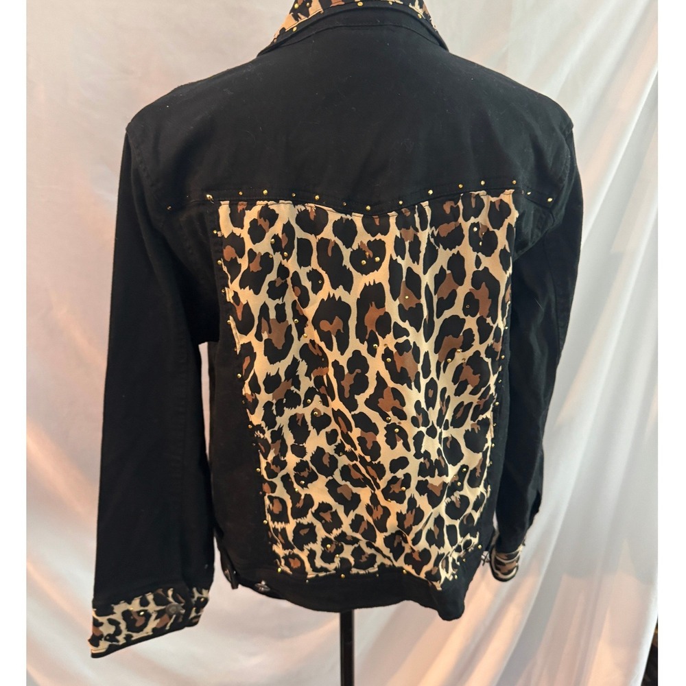 Janie New York Black Denim Jacket Leopard Print Studded Trucker Women Large - Picture 7 of 13